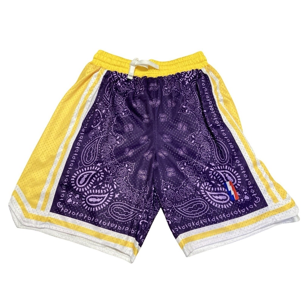 Youth XL Purple Yellow Paisley Basketball Shorts Size L Mesh Athletic Streetwear